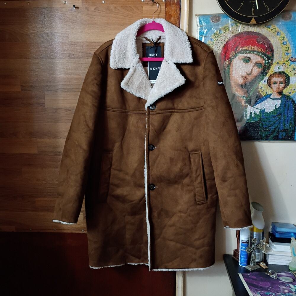 DKNY Men's Brown Faux Shearling Walking Coat Size M